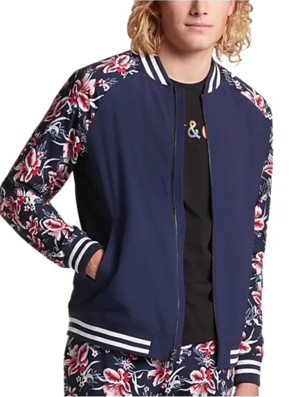 Paisley & Gray Men’s Slim Fit Bomber Track Jacket Navy Floral Size xL